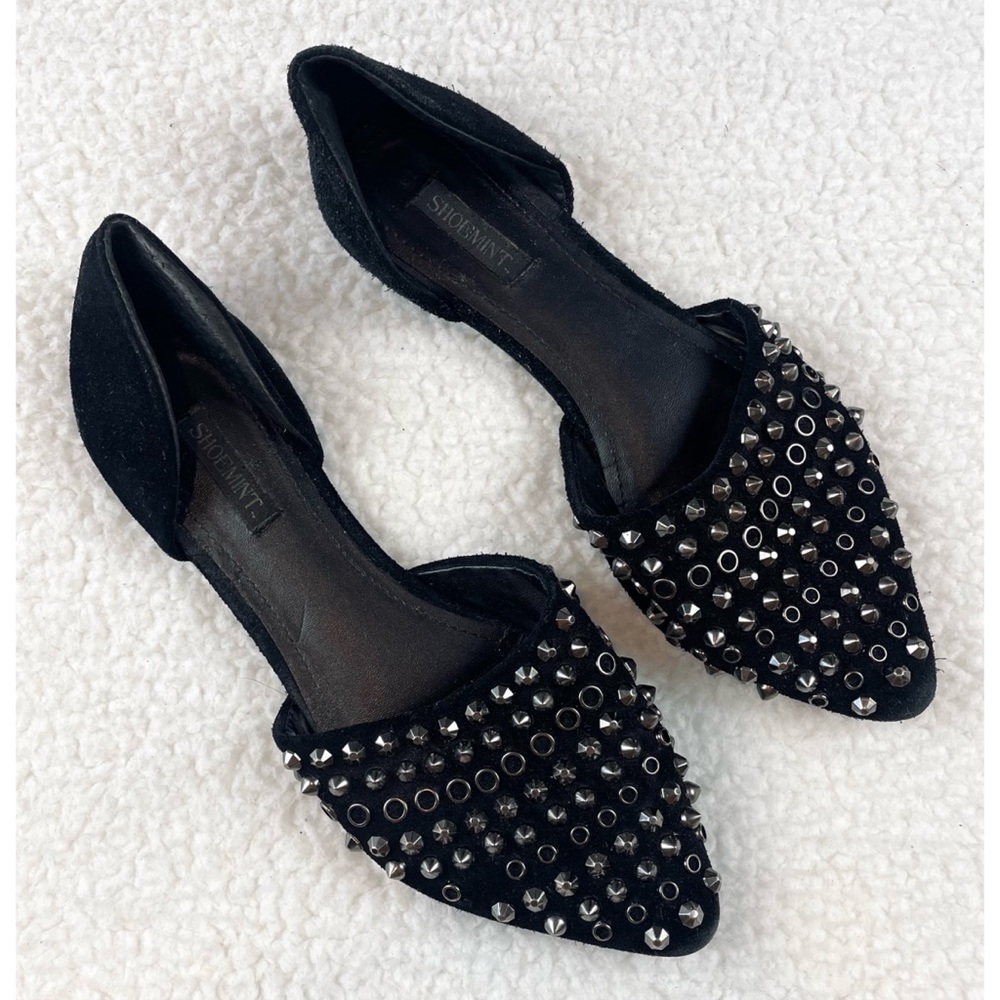 SHOEMINT • Cameron Black Suede Studded Pointed-Toe Flats, 7 - Picture 12 of 16